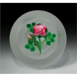 Ken Rosenfeld frosted floral paperweight, with a multi-tiered pink rose, pink bud, veined green...