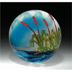 Yaffa and Jeffrey Todd "Cattails on Pond" Nature Series paperweight, with four tall cattail plant...