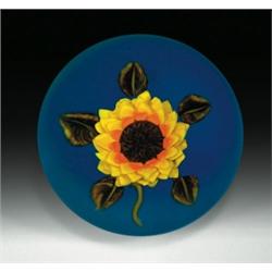 Ken Rosenfeld miniature golden-yellow sunflower paperweight, with a brown-seeded center and mott...