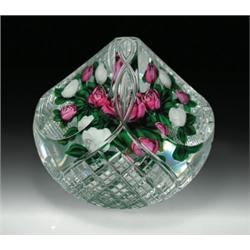 Ray Banford floral basket paperweight, containing a radiating, circular, upright bouquet of alter...