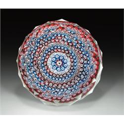 Whitefriars faceted concentric millefiori paperweight, with a central red, black, and white hear...