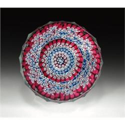 Whitefriars 1969 faceted concentric millefiori paperweight, with rings of alternating red, white,...