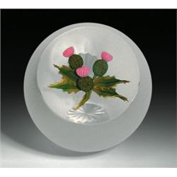 Perthshire Paperweights 1998 frosted oblong thistle paperweight, with three upright pink thistles...