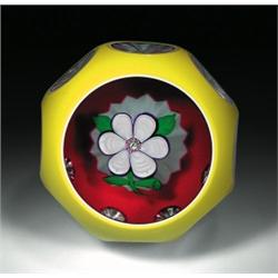Perthshire Paperweights 1977 triple overlay floral paperweight, containing a purple-edged white...