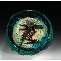 William Manson textured undersea paperweight, with a scuba diver, floating above pieces of a sun...