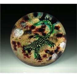 William Manson 1980 salamander paperweight, with a yellow-spotted, green aventurine salamander an...