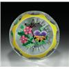 Image 1 : "J" Glass double overlay pansy paperweight, with a purple and yellow pansy, two pink flowers with...