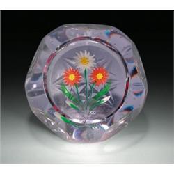 Caithness/Whitefriars "April Showers" floral paperweight, with a bouquet of red and white flowers...