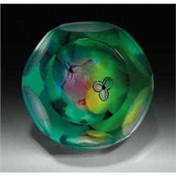 Caithness Glass "Rainbow Pool" compound floral paperweight, with pink, white, and yellow water li...