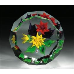 Caithness Glass "Tropical Bouquet" barrel-shaped paperweight, with a red flower, two yellow flow...