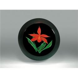 Correia Art Glass orchid frosted window paperweight, with a red orchid and long green leaves, on...