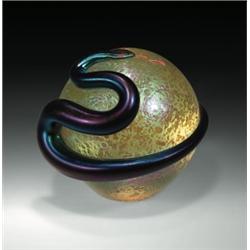 Correia Art Glass mottled gold snake paperweight, with relief of an iridescent dark blue garden s...