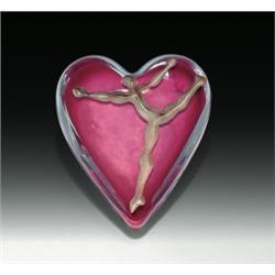Andrew Fote clear-encased, heart-shaped paperweight, of mottled ruby with a silver dancer engrav...