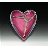 Image 1 : Andrew Fote clear-encased, heart-shaped paperweight, of mottled ruby with a silver dancer engrav...