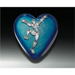 Andrew Fote "Heart Full of Soul" clear-encased, heart-shaped paperweight, with mottled blue on th...
