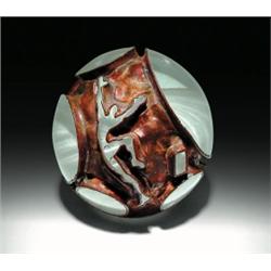 Andrew Fote round, copper-encased abstract design paperweight, with circular and rectangular rai...