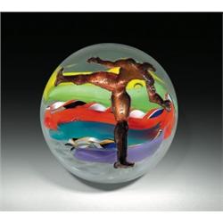 Andrew Fote "Rainbow Walk" abstract design paperweight, with a copper human figure engraved on t...
