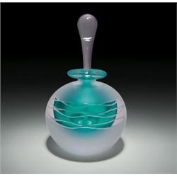 Mary Angus  Teal Wave  frosted glass perfume bottle, with an engraved wave design encircling the...