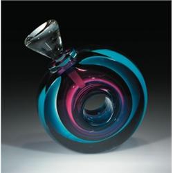 Correia Art Glass "Equinox" glass perfume bottle, with an outer ring of translucent aqua, surroun...
