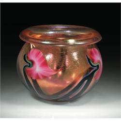 Lotton Art Glass  Sunset  miniature decorative bowl, of translucent, iridescent amber and gold,...