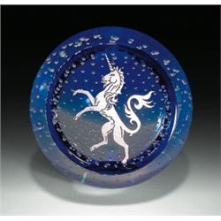 Caithness Glass unicorn paperweight, with a silver unicorn standing on its hind legs engraved on...