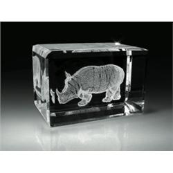 Laser Light "Rhinoceros" rectangular crystal block, with a laser sculpture of a rhinoceros, walk...