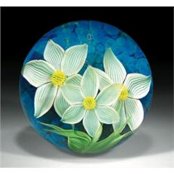 Orient & Flume "Star of Bethlehem" compound floral paperweight, containing three white and sea-gr...