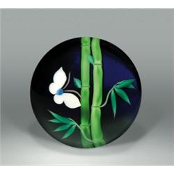 Lundberg Studios 1981 butterfly and bamboo paperweight, with a white butterfly near two long shoo...