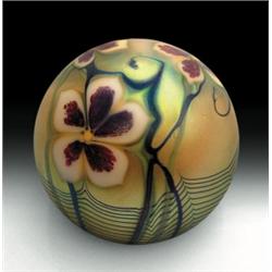 Orient & Flume 1976 iridescent gold floral surface design paperweight, with three red-dappled cre...