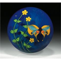 Orient & Flume 1976 iridescent gold floral surface design paperweight, with three red-dappled cre...