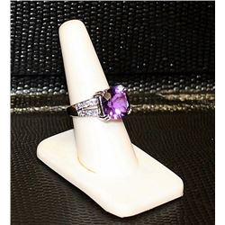 Ladys Very Fancy 18 kt White Gold over Sterling Silver Amethyst & Diamond Ring