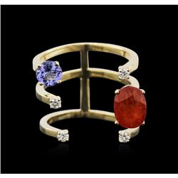 14KT Yellow Gold 1.76ct Orange Sapphire, Tanzanite and Diamond Ring