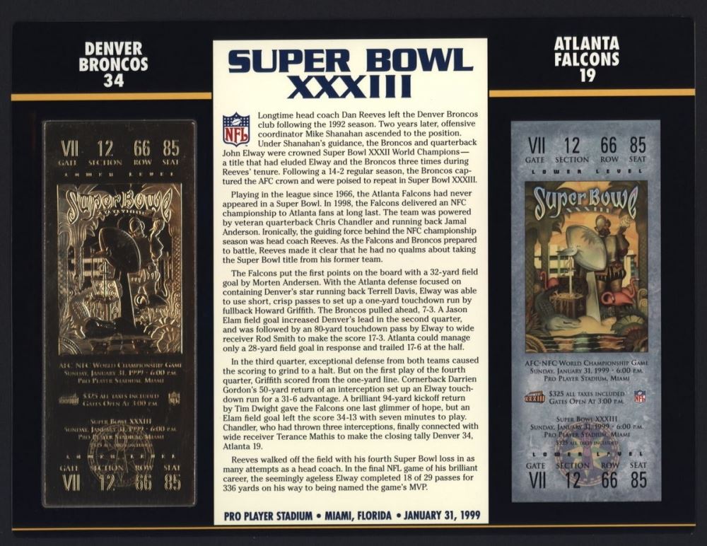 Commemorative Super Bowl Xxxiii Score Card With 22 Kt Gold Ticket Broncos Vs Falcons