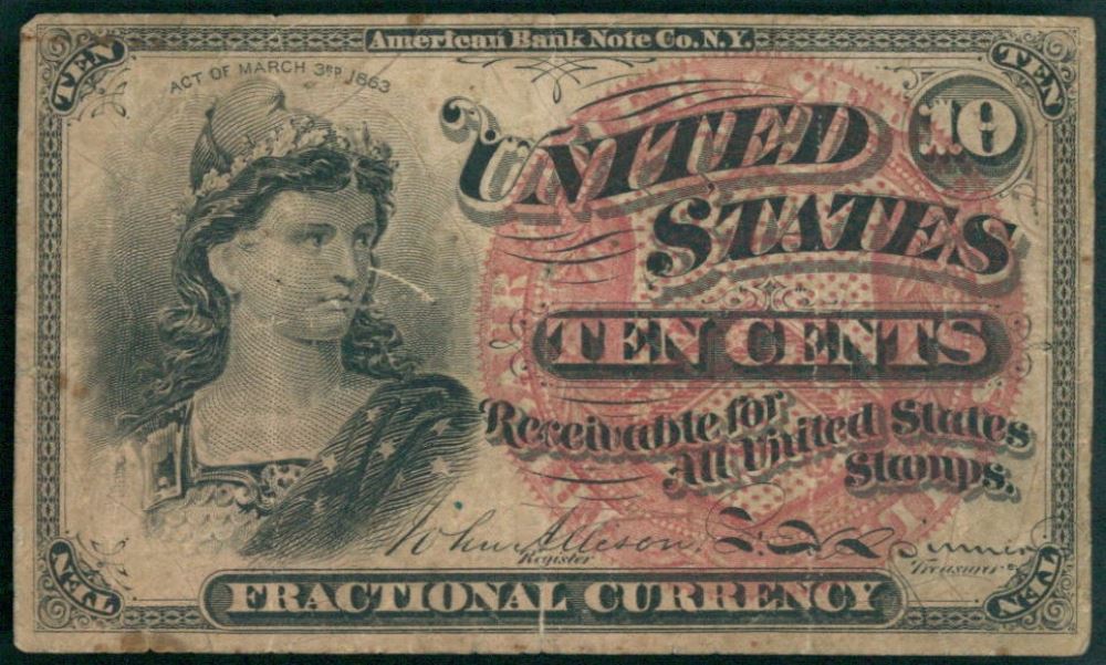 1863 United States Civil War 10 Ten Cent Fractional Currency Banknote Bill (4th Issue)