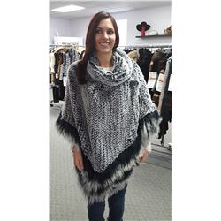 CLASSIC GREY/BLACK KNITTED REX RABBIT PONCHO W/LAMB TRIM