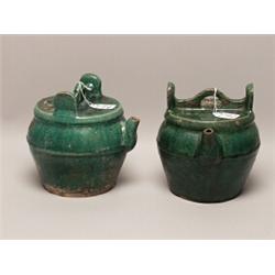 Pair of Antique Green Chinese Soy Pots