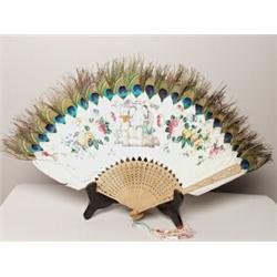 Chinese Fan 19th C. Painted Feathers