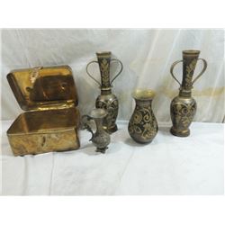 LOT 5 MISC BRASS DECORATIVE VASES & BOX