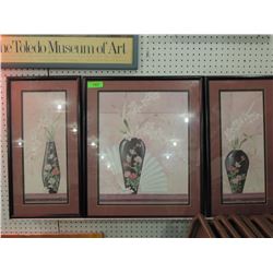 3 PIECE 1980s JAPANESE VASE PRINT FRAMED