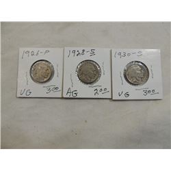 LOT 3 BUFFALO NICKELS: 1930S, 1928S, 1926P