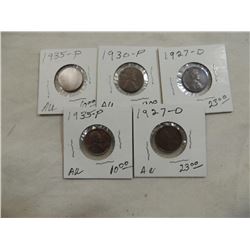 LOT 5 WHEAT PENNIES: 1927D, 1935P, 1927D, 1930P,19