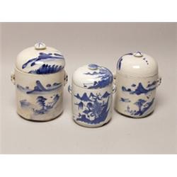 2 Antique Blue & White Covered Jars