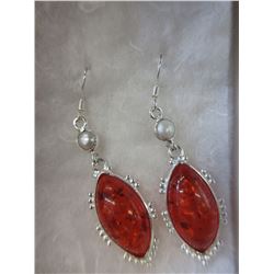 New - French hook Pearl & Orange Amber earrings