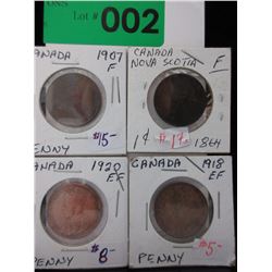 4 Large Canadian pennies-1867, 1907, 1920, 1918