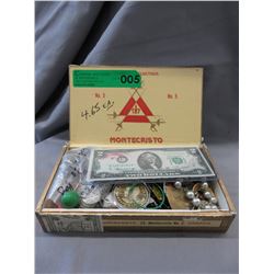 Cuban cigar box containing jewelry & currency