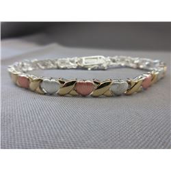 Tri-colour heart & "X" design tennis bracelet