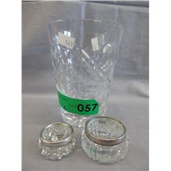 Crystal vase & 2 sterling rimmed salt cellars
