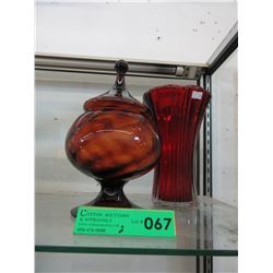 Lidded art glass dish & Anchor Hocking vase