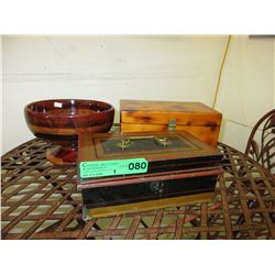 Wood box, bowl & metal cash box