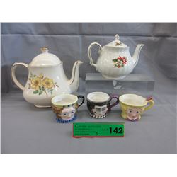 2 Vintage Sadler teapots & 3 Character cups
